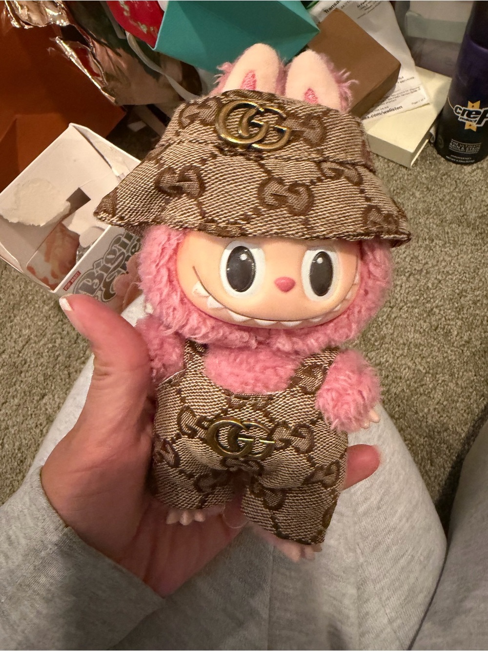 Gucci Pink Plush Doll with Logo-Patterned Hat & Overalls